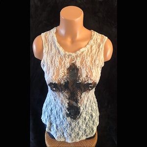 Lace see through top with cross print